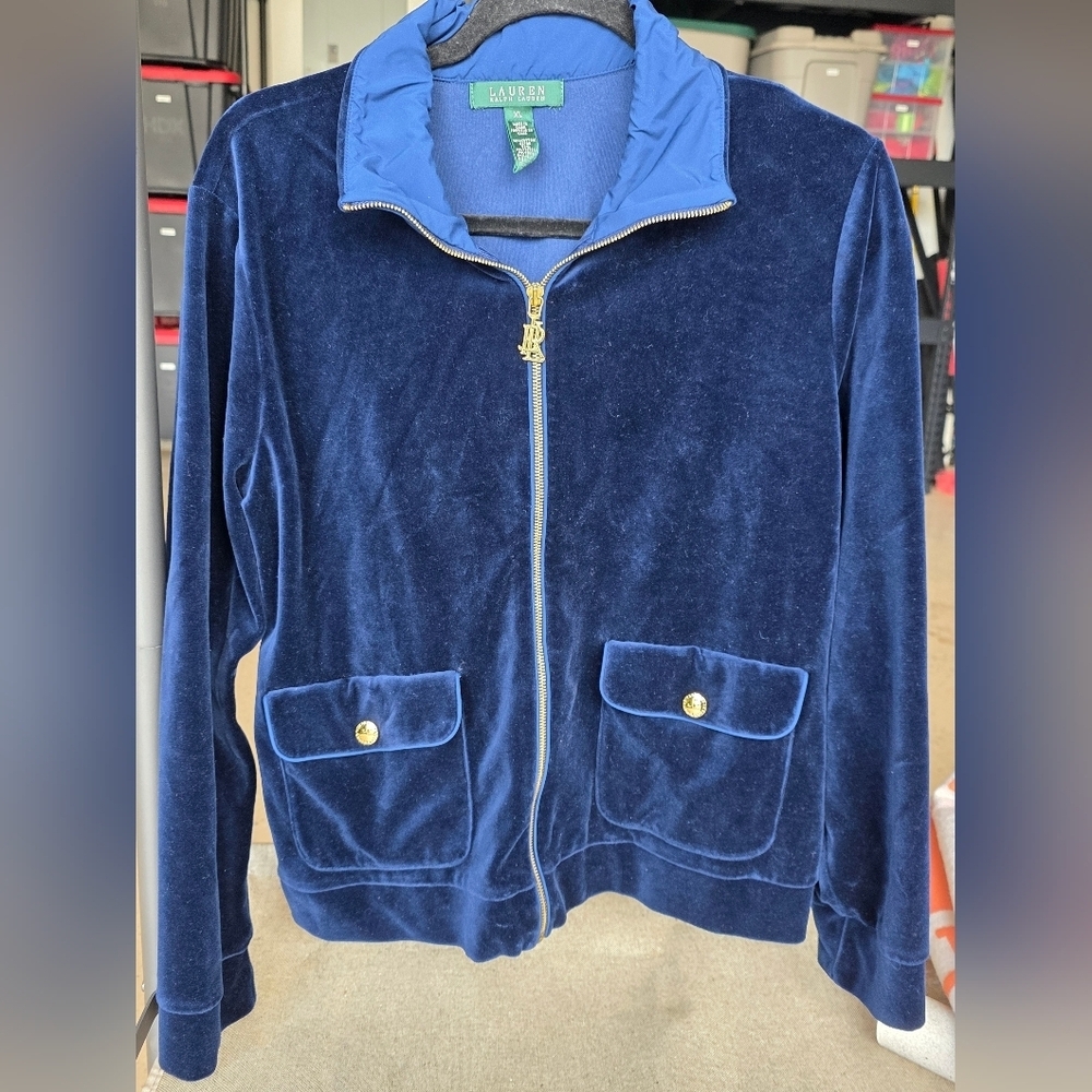 Lauren Ralph Lauren Velvet Long Sleeves Jacket Navy Gold Hardware XL Chest 21" - Picture 2 of 6